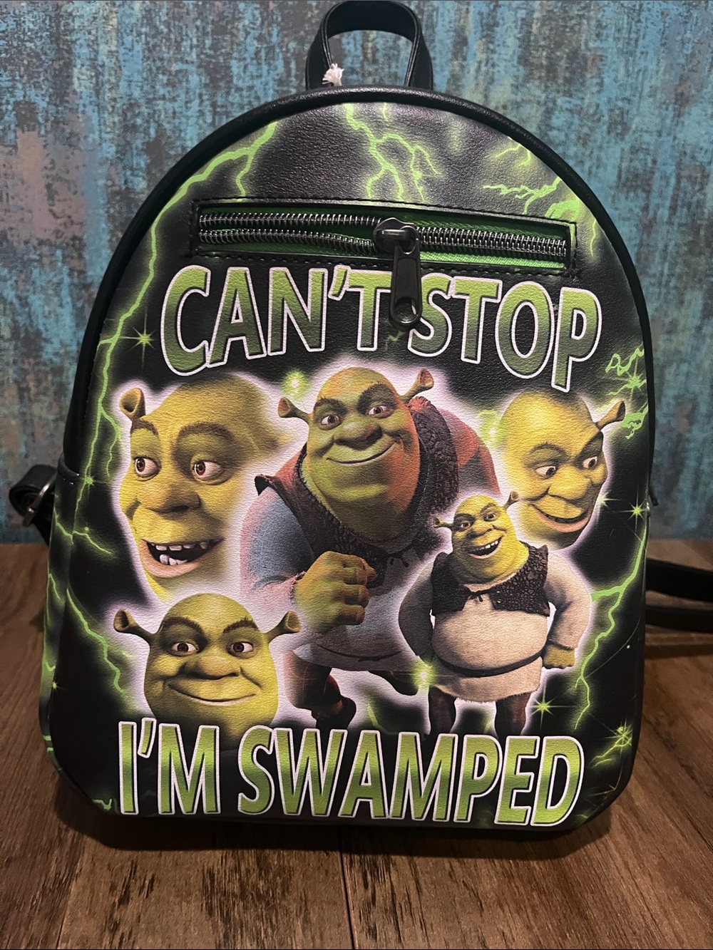 Loungefly Black and Green Shrek "Can't Stop I'm Swamped" Mini Backpack brand new